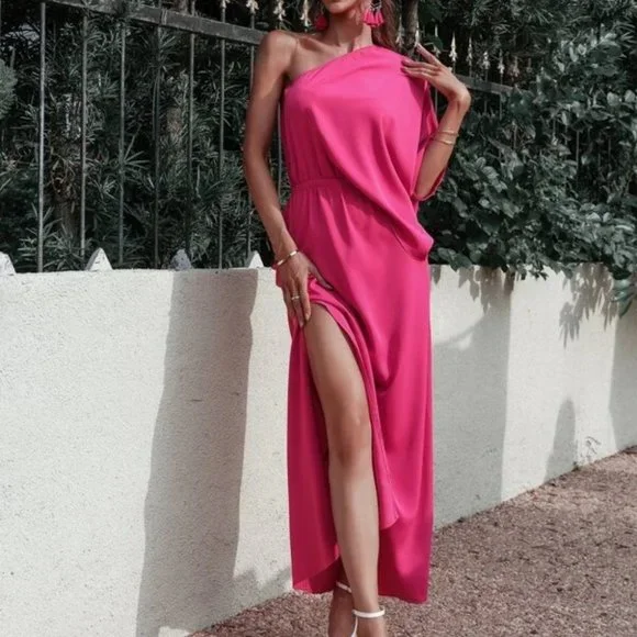 PINK Batwing Sleeve Slit Hem One Shoulder Dress - Picture 2 of 6